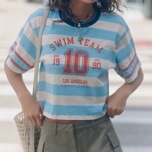 🟠NWT SUNDRY at ANTHROPOLOGIE Short-Sleeve Rugby Shirt in Blue/White Stripe